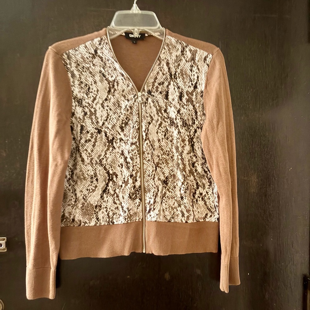 DKNY brown snake python print zip up cardigan shirt.
